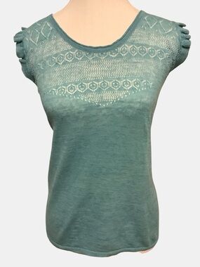 Yerse Linen Blend Knit Top Ruffle Sleeve Lace Detail Teal Size L NWT